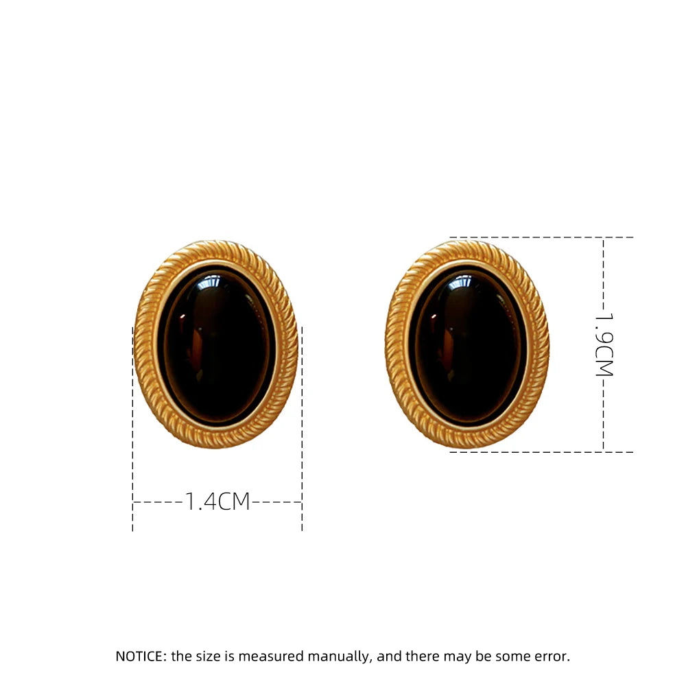 2024 New Retro Gold Color Metal Line Black Oval Shaped Stud Earrings for Women Advanced Design Elegant Young Girls Party Jewelry