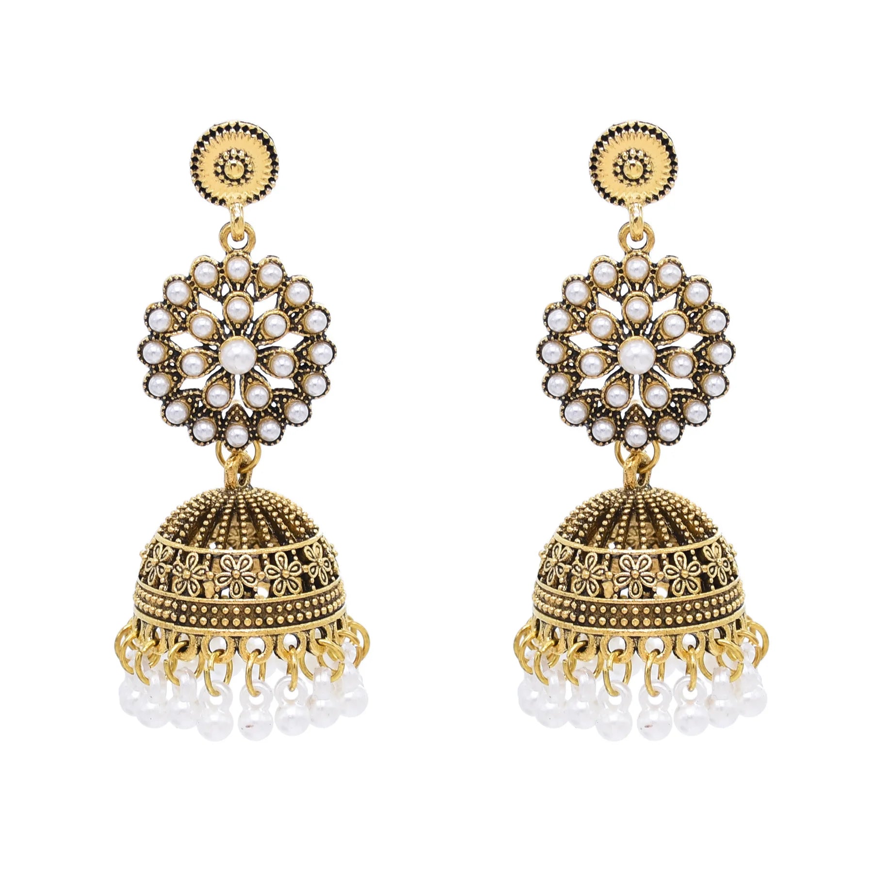Traditional Indian Jhumka Earrings for Women Vintage Golden Silvery Bell Peacock Pearl Beads Pendant Earrings Turkish Jewelry