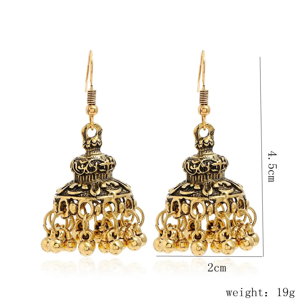 New Fashion Ethnic Style Alloy Retro Carved Beads Tassels Earrings Indian Jhumka Jewelry Women Daily Accessories