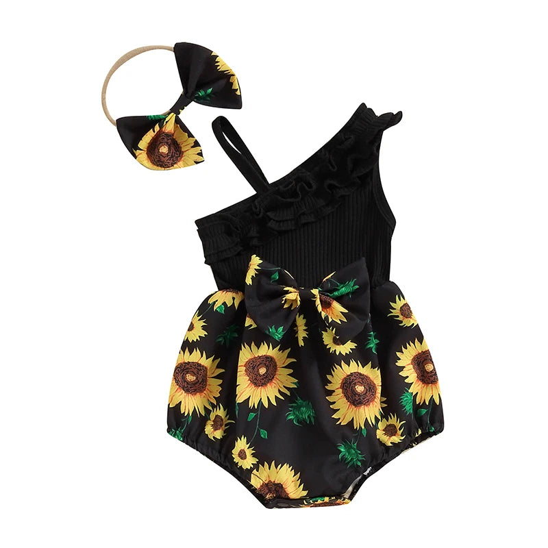 Pudcoco Baby Girl 2 Piece Outfits Sunflower Print Asymmetrical Sleeveless Romper Headband Set Cute Fashion Summer Clothes 0-12M