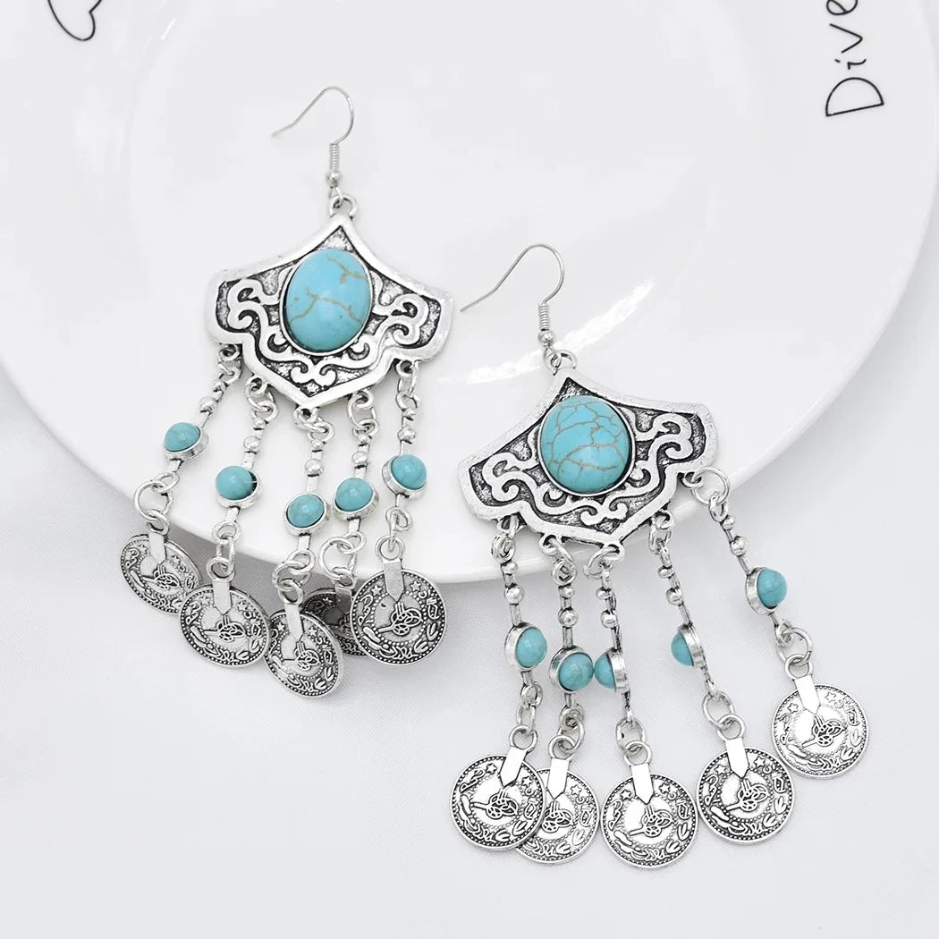 Boho Ethnic Long Coins Tassel Drop Earrings For Women Colorful Turquoise Geometric Carving Fashion Jewelry India Cypay Accessory