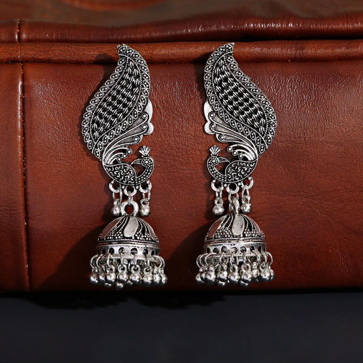 Retro Ethnic Silver Color Turkish Jhumka Earrings For Women Pendientes Pearl Tassel Classic Carved Indian Earrings Jewelry