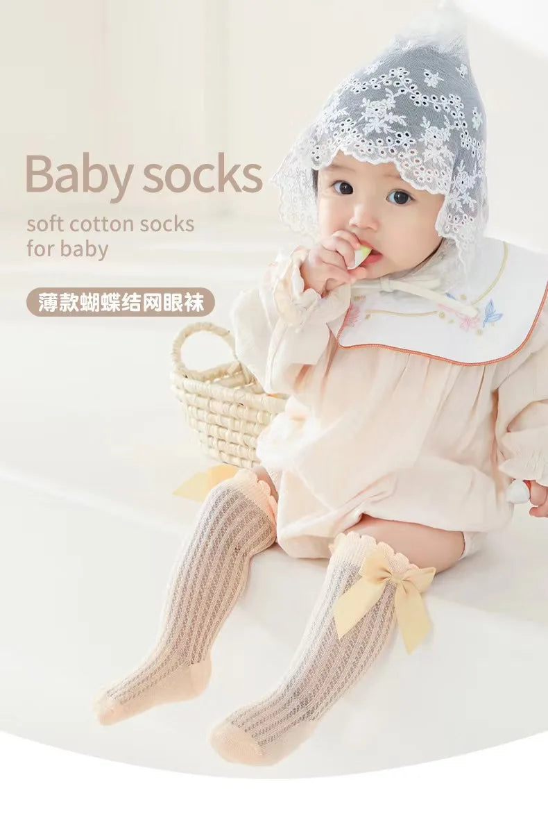 Summer Ultra-thin Mesh Socks Baby Girl Mosquito Resistant Knee Sock Cute Newborn Pink Bow Hollow Cotton Baby Clothes New Born