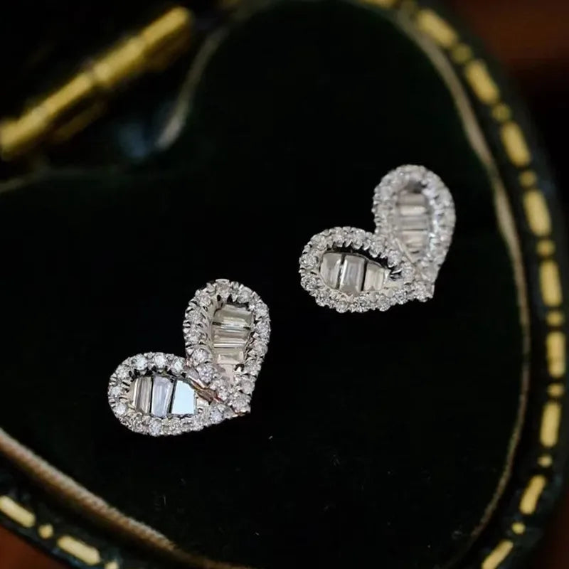 Huitan Exquisite Heart Stud Earrings with Geometric Cubic Zirconia Bling Piercing Accessories for Women Daily Wear Chic Jewelry