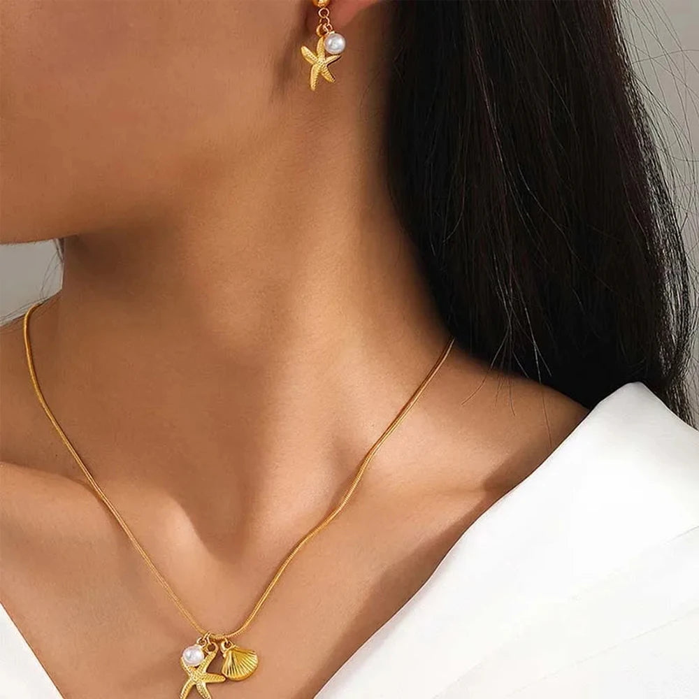 2025 Summer Gold Color Stainless Steel Shell Starfish Crab Drop Earrings For Women Beach Ocean Hoop Drop Stud