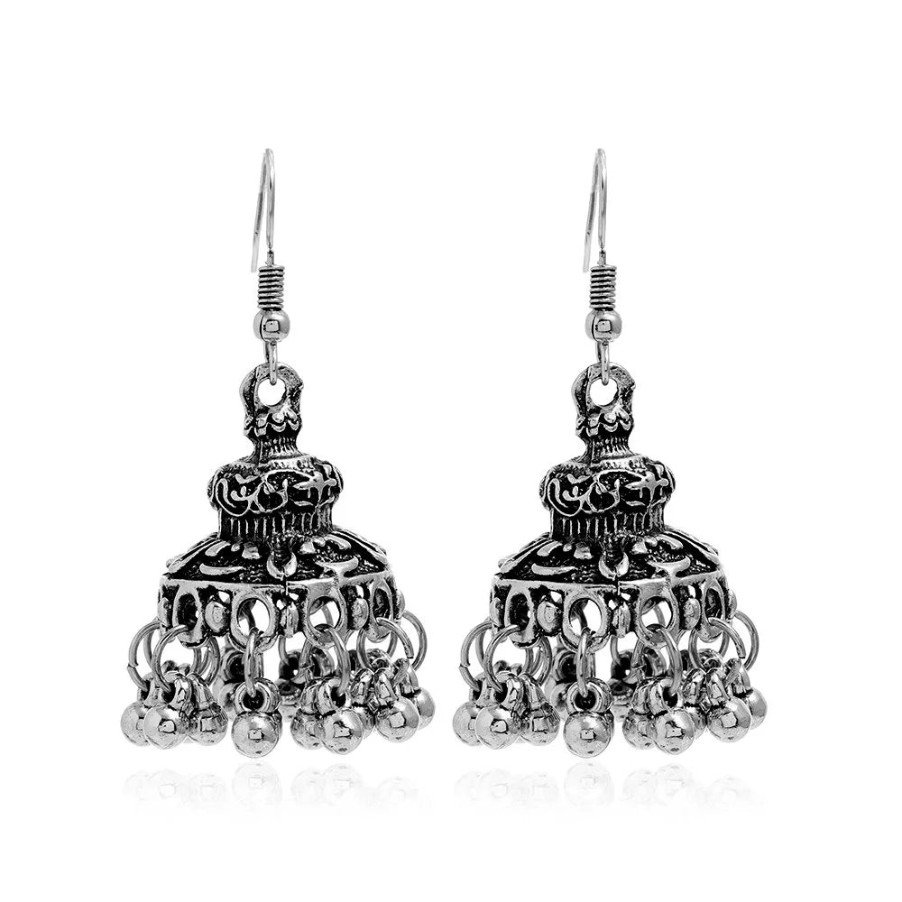 New Fashion Ethnic Style Alloy Retro Carved Beads Tassels Earrings Indian Jhumka Jewelry Women Daily Accessories