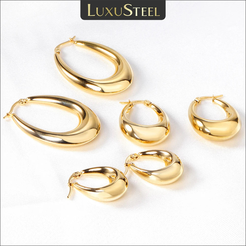 LUXUSTEEL Gothic Gold Color Oval Hoop Earrings For Women Stainless Steel Ear Jewelry Accessories Brinco Party Gift 10mm 13mm 20m