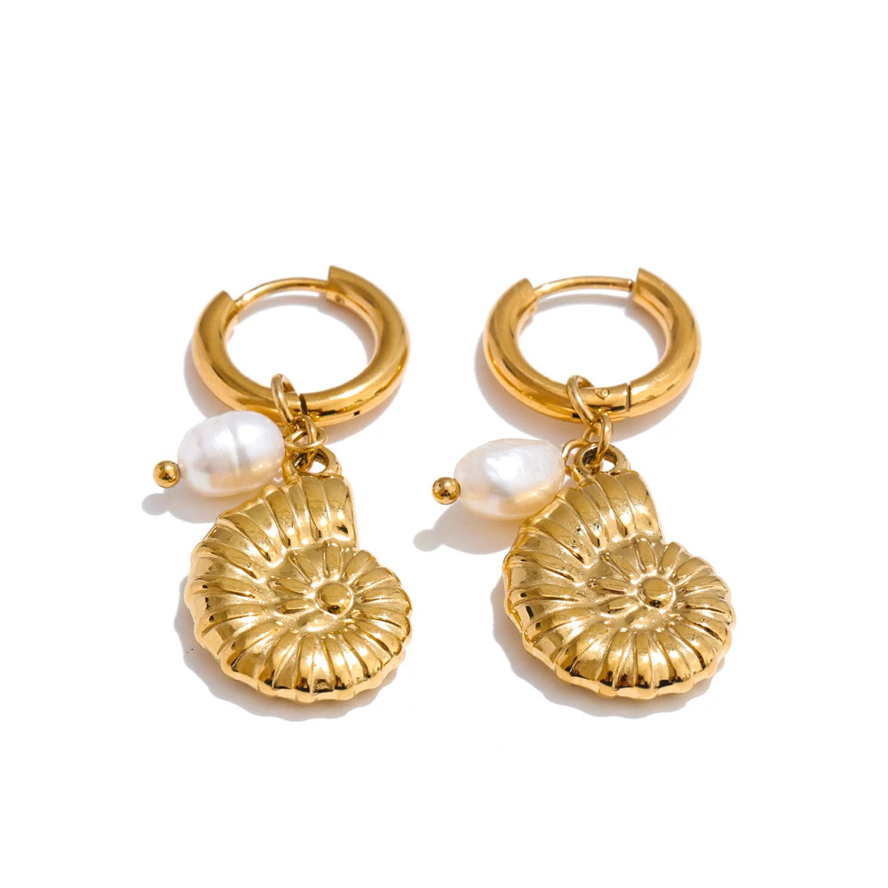 Yhpup Ocean Style Natural Pearl Conch Shell Starfish Drop Summer Hoop Earrings for Women Stainless Steel Holiday Daily Jewelry
