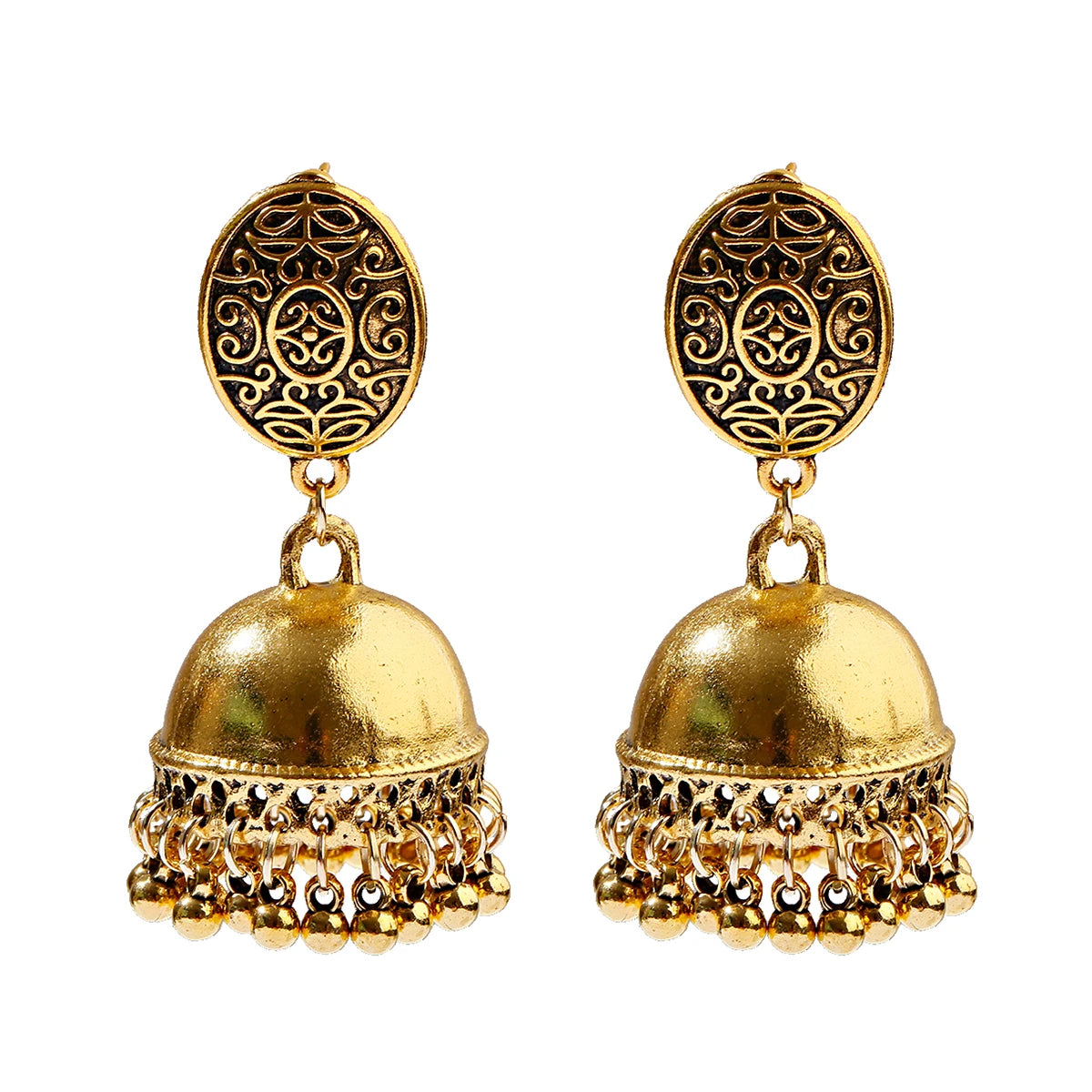 Ethnic Retro Geometric Turkish Jhumka Earrings For Women Indian Jewelry Flower Gold Color Bell Tassel Dangling Earrings