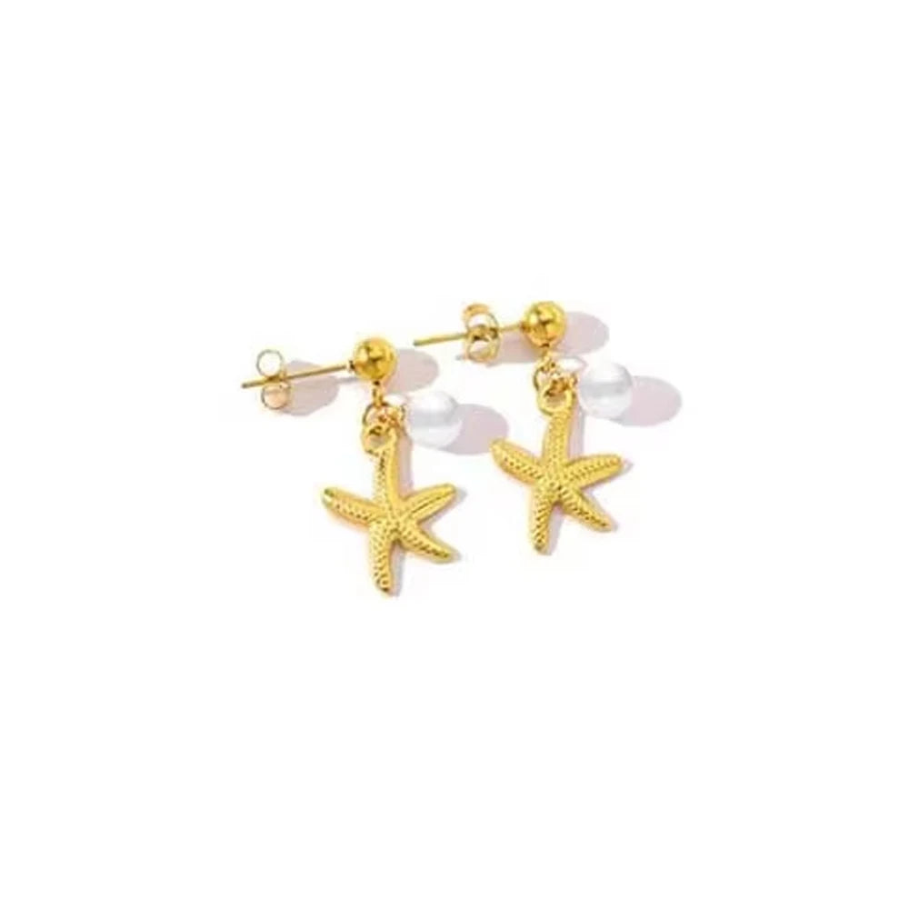 2025 Summer Gold Color Stainless Steel Shell Starfish Crab Drop Earrings For Women Beach Ocean Hoop Drop Stud