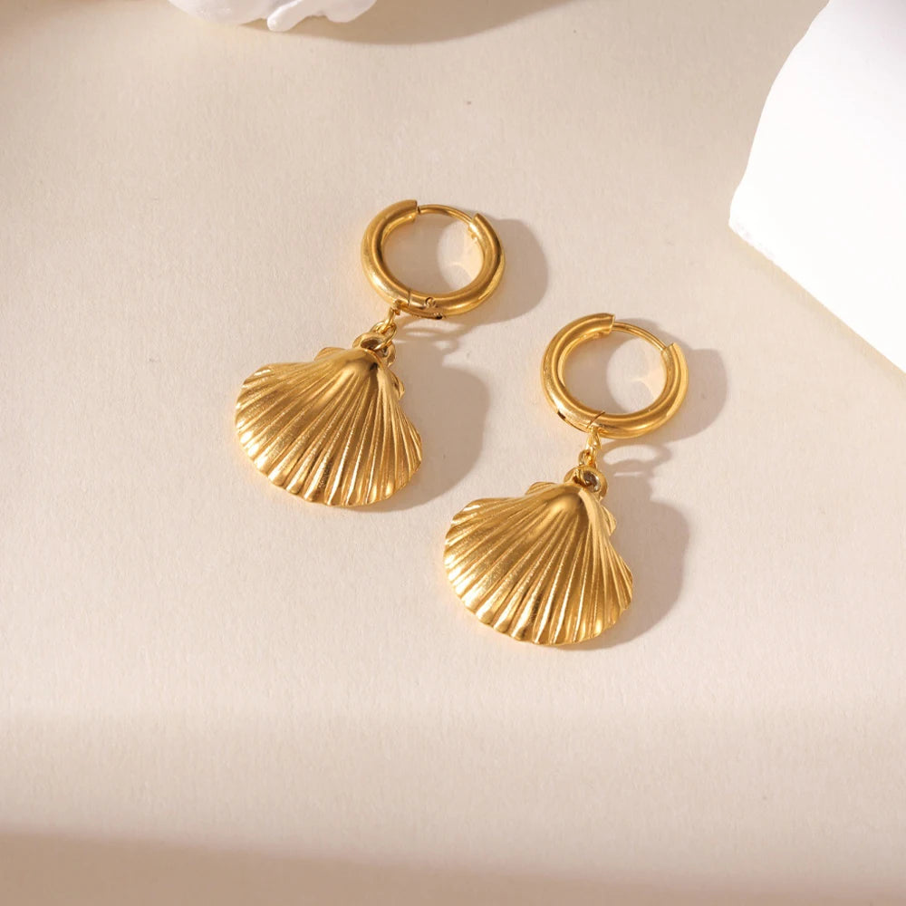 2025 Summer Gold Color Stainless Steel Shell Starfish Crab Drop Earrings For Women Beach Ocean Hoop Drop Stud
