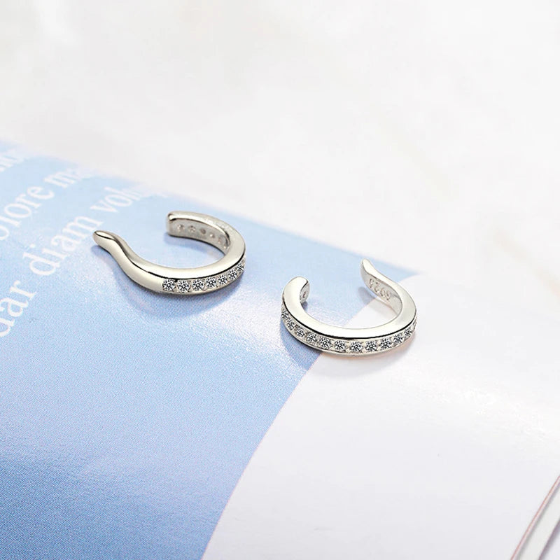 New Fashion Fine Zircon 925 Sterling Silver C Type Clip Earrings Punk Rock Unisexual Rhinestone No Hole Ear Clip Earring Jewelry