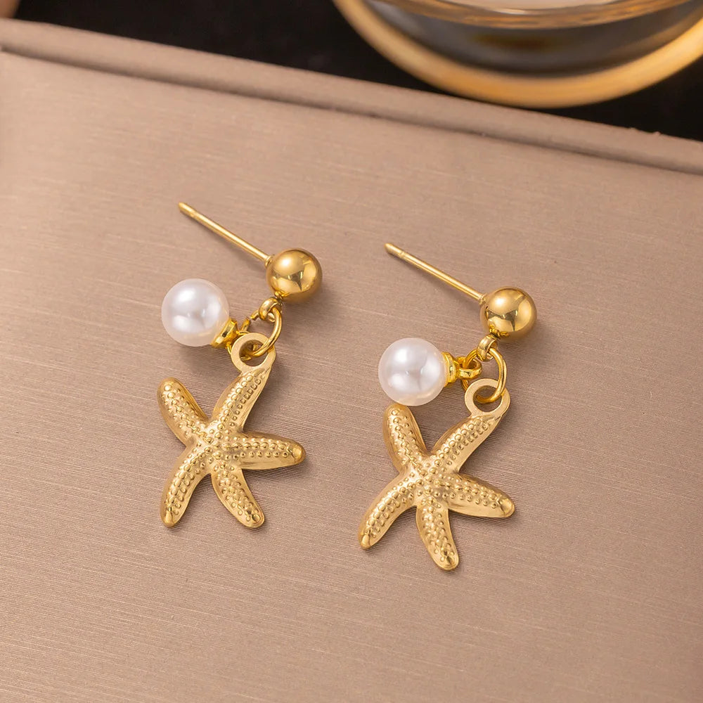 2025 Summer Gold Color Stainless Steel Shell Starfish Crab Drop Earrings For Women Beach Ocean Hoop Drop Stud