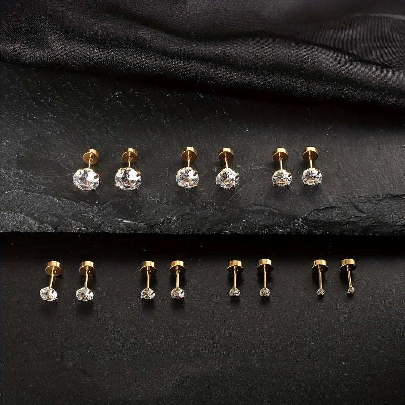 7pcs/Set Stainless Steel Crystal Flat Studs Women Men Bar Screw Back Tragus Round Clear Cubic Zirconia Piercing Earrings Jewelry