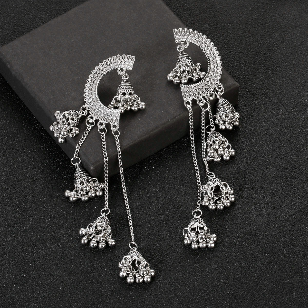 Retro Ethnic Silver Color Turkish Jhumka Earrings For Women Pendientes Pearl Tassel Classic Carved Indian Earrings Jewelry