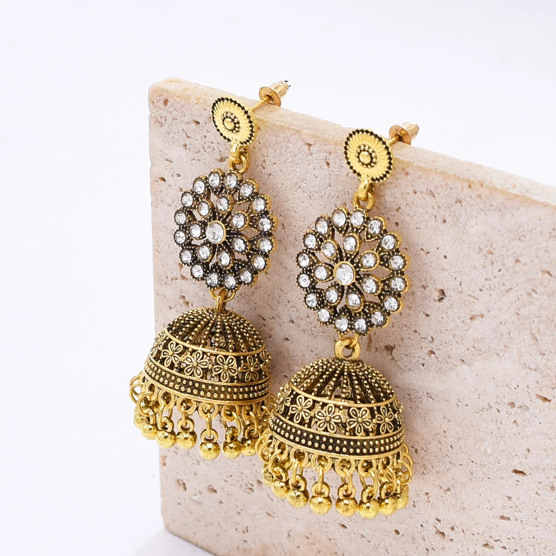 Traditional Indian Jhumka Earrings for Women Vintage Golden Silvery Bell Peacock Pearl Beads Pendant Earrings Turkish Jewelry