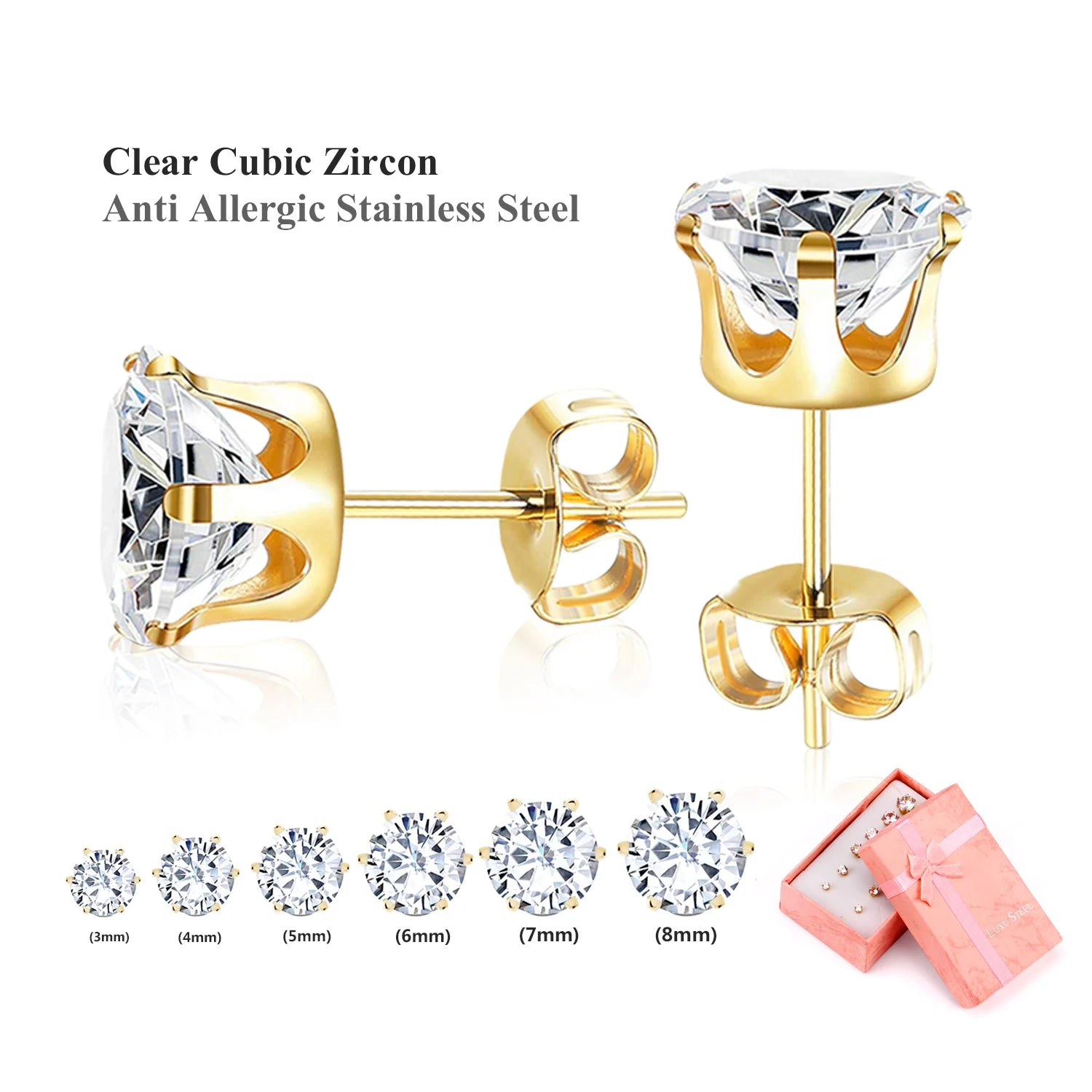 LUXUSTEEL 6Pairs/Set CZ Stud Earrings Stainless Steel Round White Cubic Zirconia Hypoallergenic 6 Claws Earring Trendy Jewelry