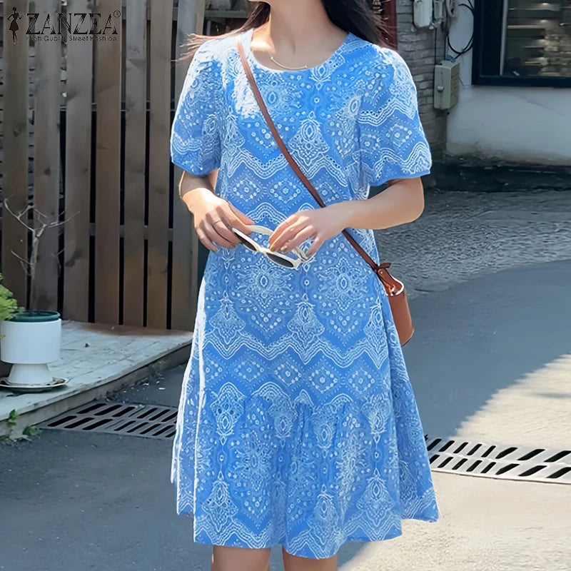ZANZEA Womens Vintage Ethnic Printing Knee-Length Dresses Summer Casual O-Neck Puff Sleeve Ruffled Hem Robes Vacation Dress