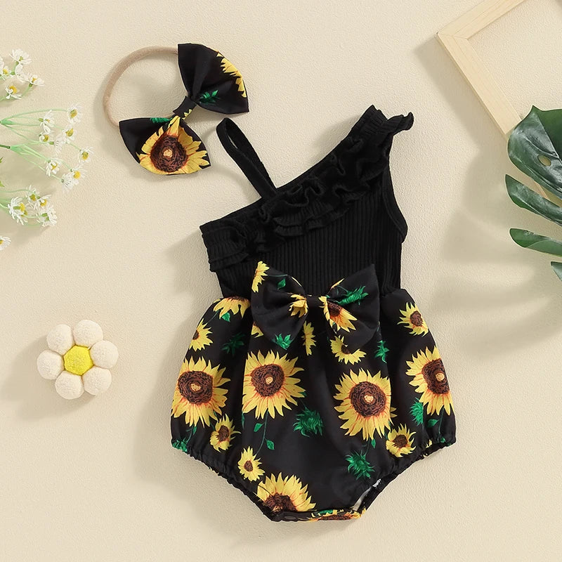 Pudcoco Baby Girl 2 Piece Outfits Sunflower Print Asymmetrical Sleeveless Romper Headband Set Cute Fashion Summer Clothes 0-12M
