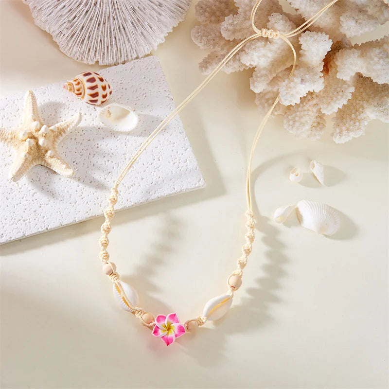 Bohemia Sea Shell Choker Necklace For Women Fashion Summer Sweet Flower Pendant Hand-woven Rope Neck Chain Jewelry Accessory